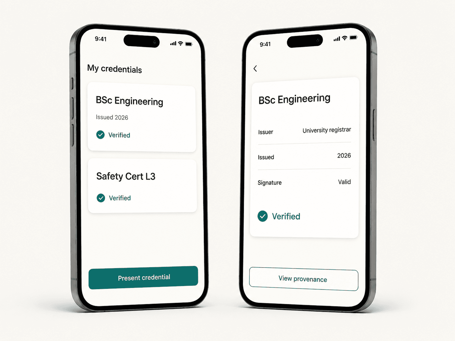 Two phone screens: a credentials list showing verified qualifications, and a detail view showing issuer, issue date and a valid signature.