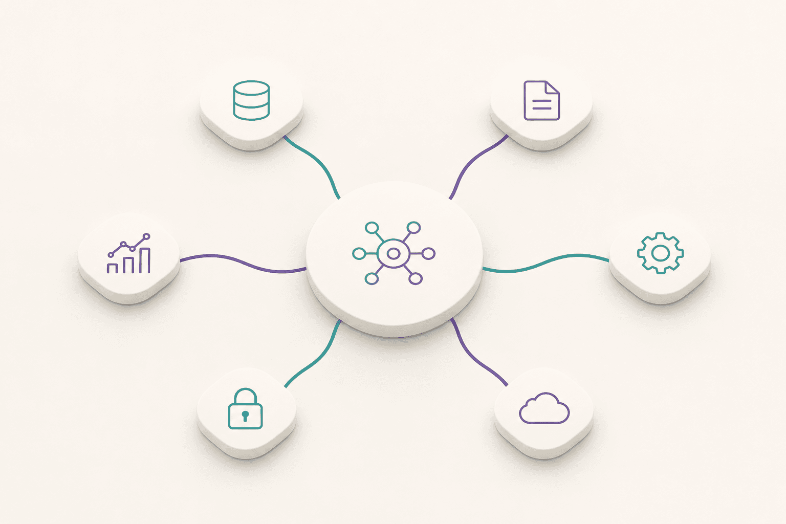 An isometric illustration of a central node linked by curved lines to six smaller nodes representing databases, documents, cloud services and security.