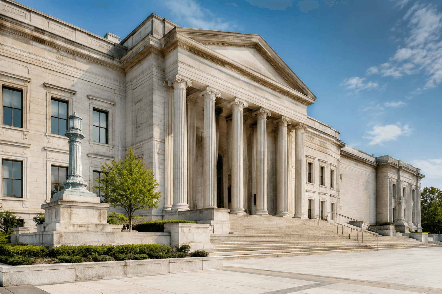 A civic government building with pale stone columns and steps in bright daylight.