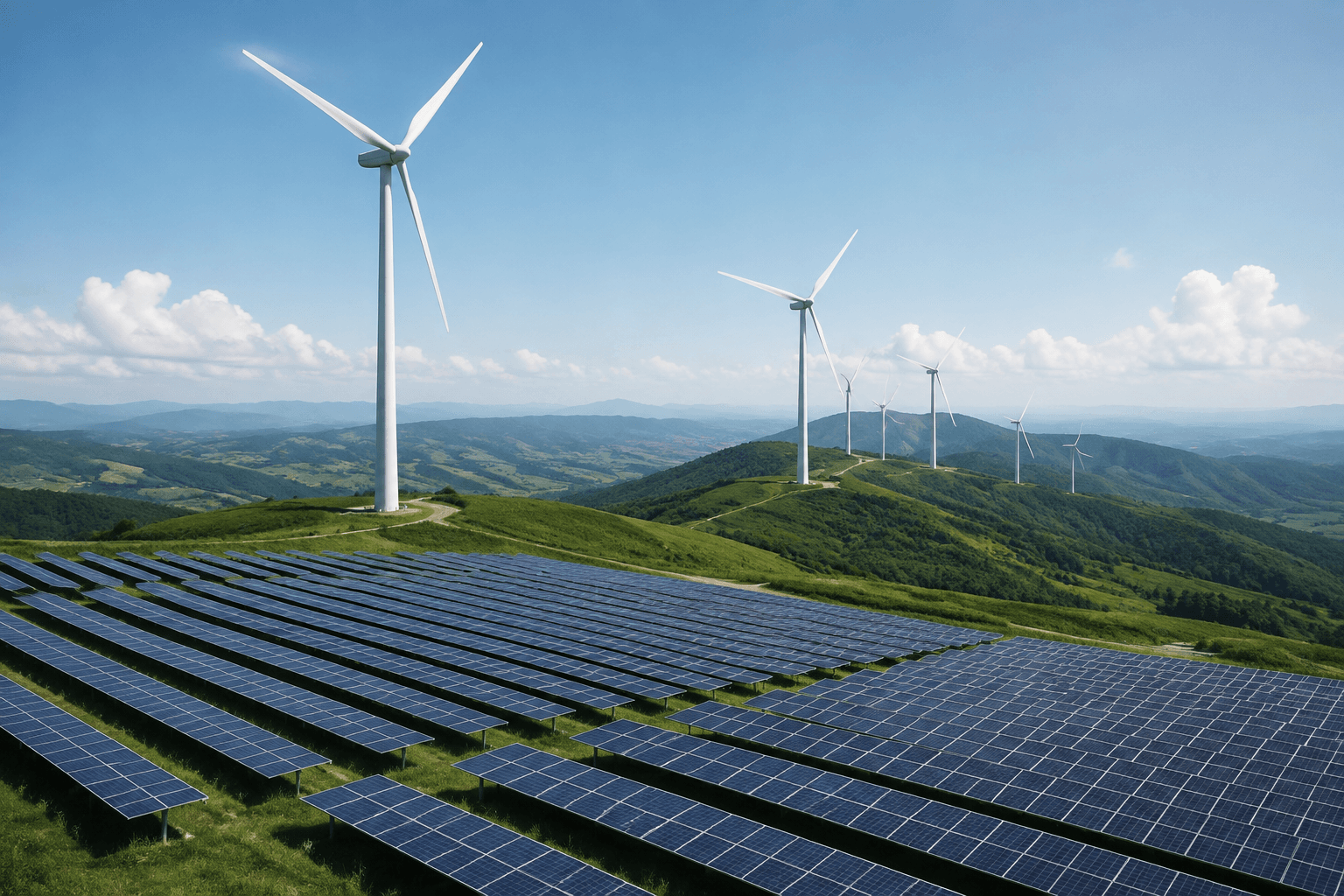 White wind turbines and rows of solar panels on open green hills under a clear sky.