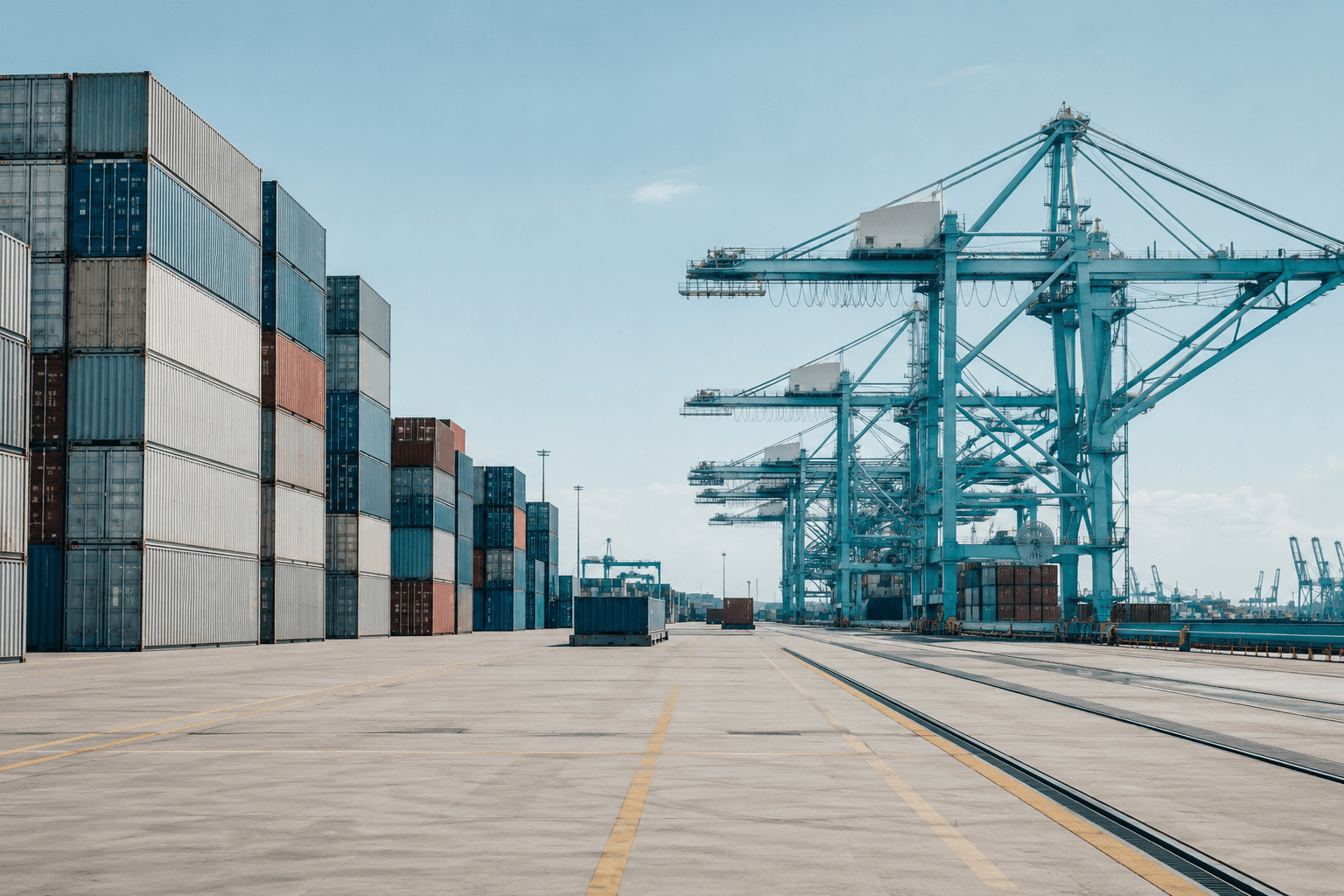 A container port with neatly stacked shipping containers and gantry cranes in clear daylight.