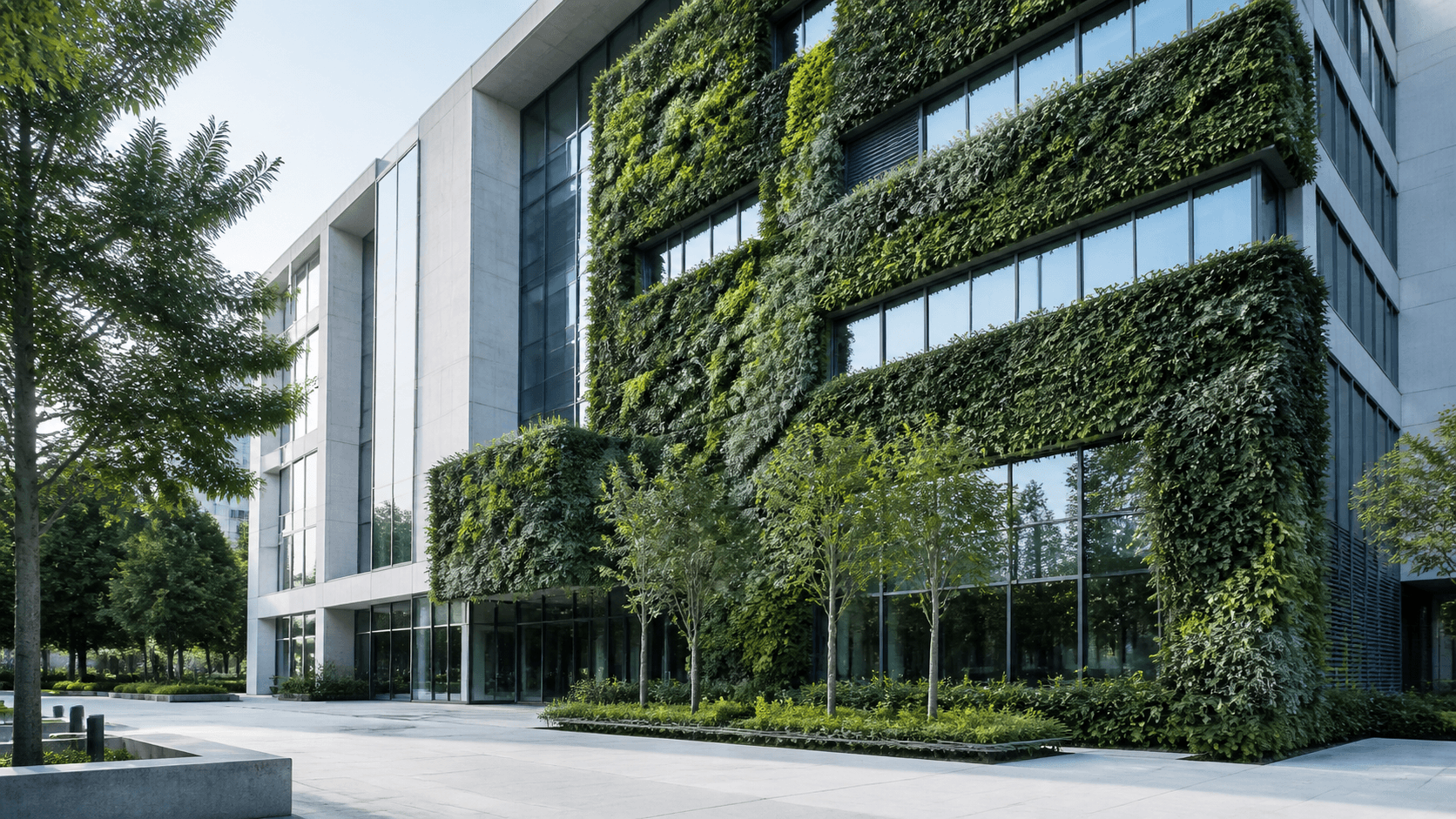 A modern corporate building with a dense green living wall covering much of its glass and concrete facade, with young trees in the plaza below.