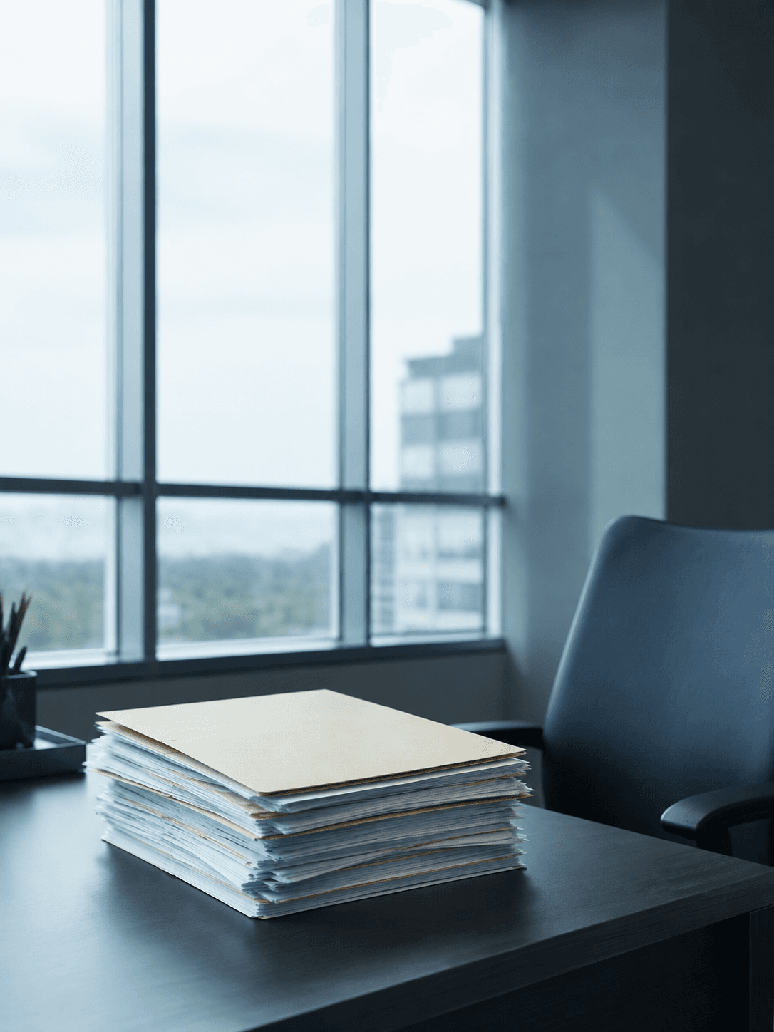 An unattended office desk by a full-height window in daylight: an empty chair pushed back, and a tall stack of paper files with a closed folder resting on top, waiting for a signature.